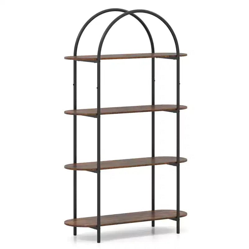 Costway Étagère arquée 1/2 pièce, bibliothèque ouverte à 4 niveaux avec cadre métallique robuste pour salon marron rustique et noir/doré et blanc