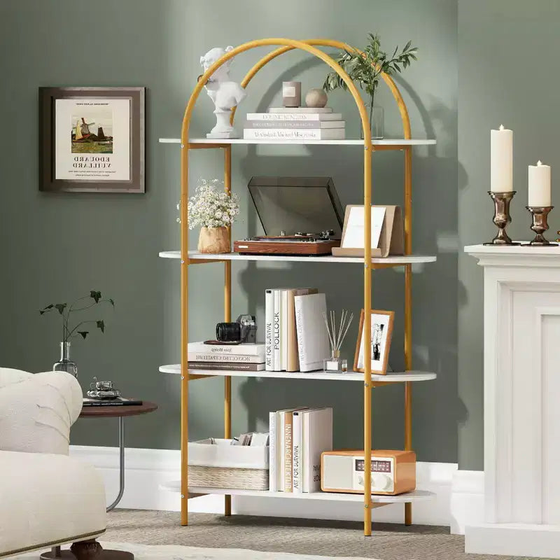 Costway Étagère arquée 1/2 pièce, bibliothèque ouverte à 4 niveaux avec cadre métallique robuste pour salon marron rustique et noir/doré et blanc