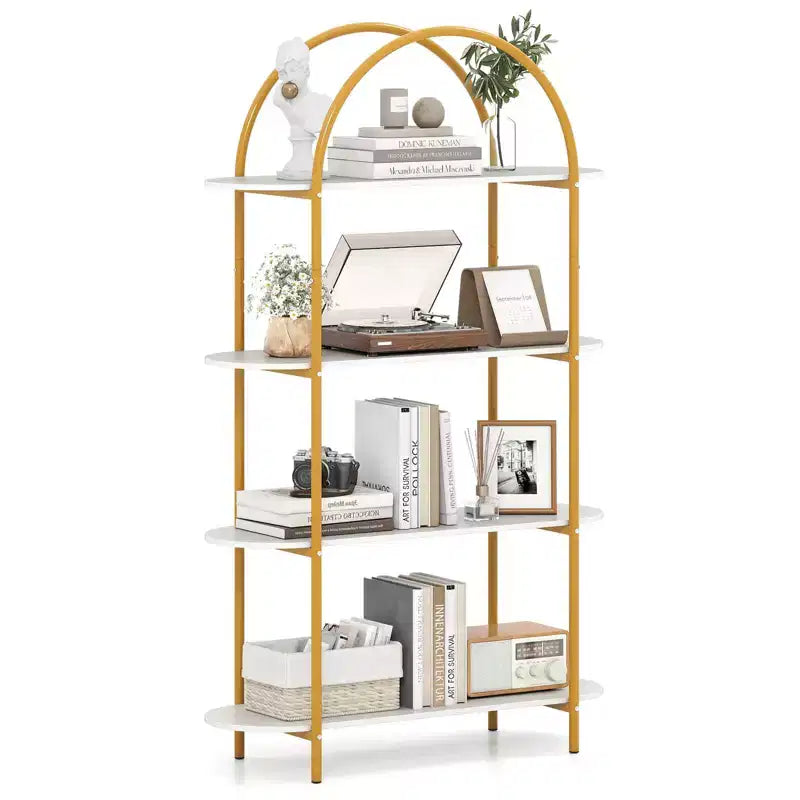 Costway 1/2 PCS Arched Bookshelf, 4-Tier Open Bookcase with Sturdy Metal Frame for Living Room Rustic Brown and Black/Gold and White
