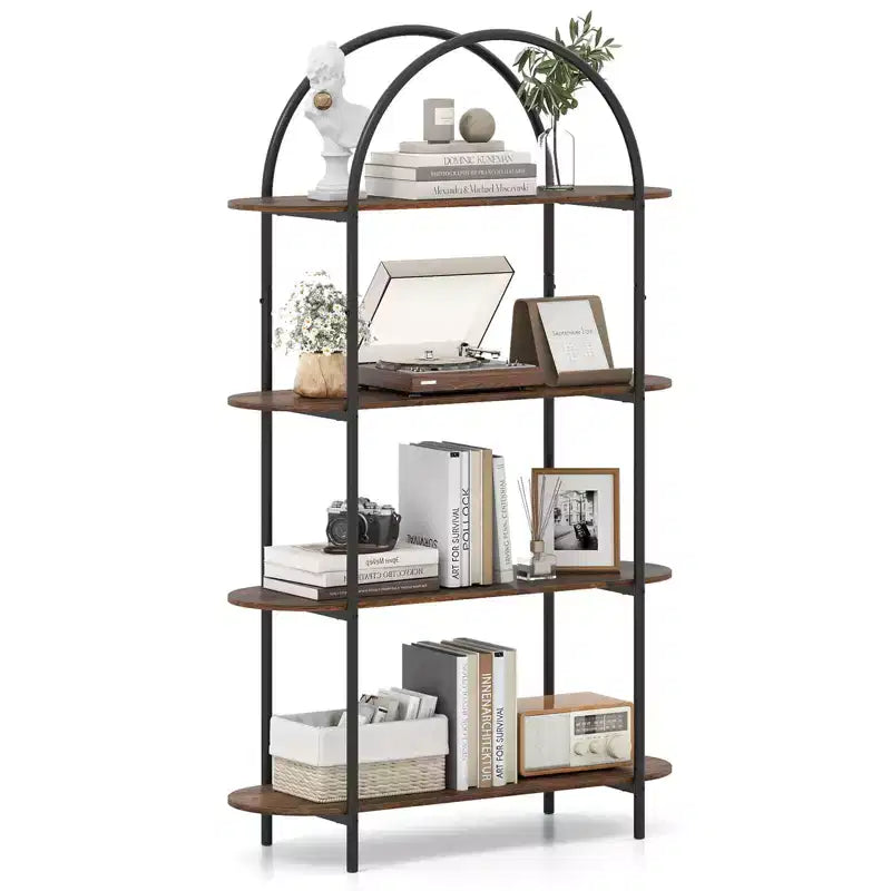 Costway Étagère arquée 1/2 pièce, bibliothèque ouverte à 4 niveaux avec cadre métallique robuste pour salon marron rustique et noir/doré et blanc