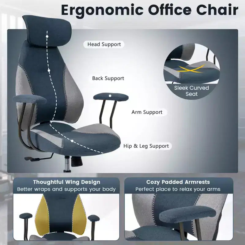 Chaise de bureau ergonomique Costway avec appui-tête 2D, dossier inclinable et roulettes, chaise de jeu bleue/marron et beige/grise et bleue