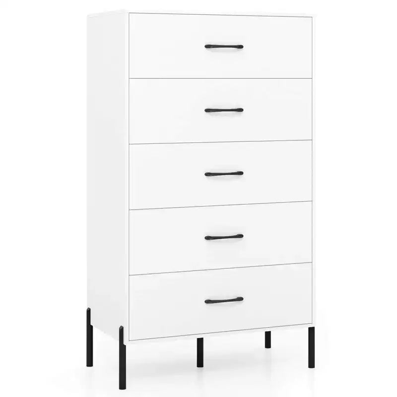 Commode Costway à 5 tiroirs avec pieds et poignées en métal, kits anti-basculement pour placard, chambre à coucher, blanc
