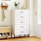 Commode Costway à 5 tiroirs avec pieds et poignées en métal, kits anti-basculement pour placard, chambre à coucher, blanc