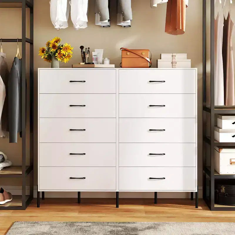 Commode Costway à 5 tiroirs avec pieds et poignées en métal, kits anti-basculement pour placard, chambre à coucher, blanc