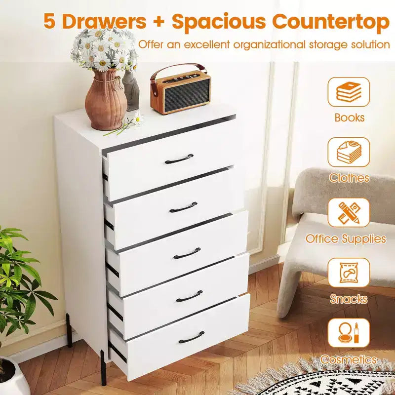 Commode Costway à 5 tiroirs avec pieds et poignées en métal, kits anti-basculement pour placard, chambre à coucher, blanc