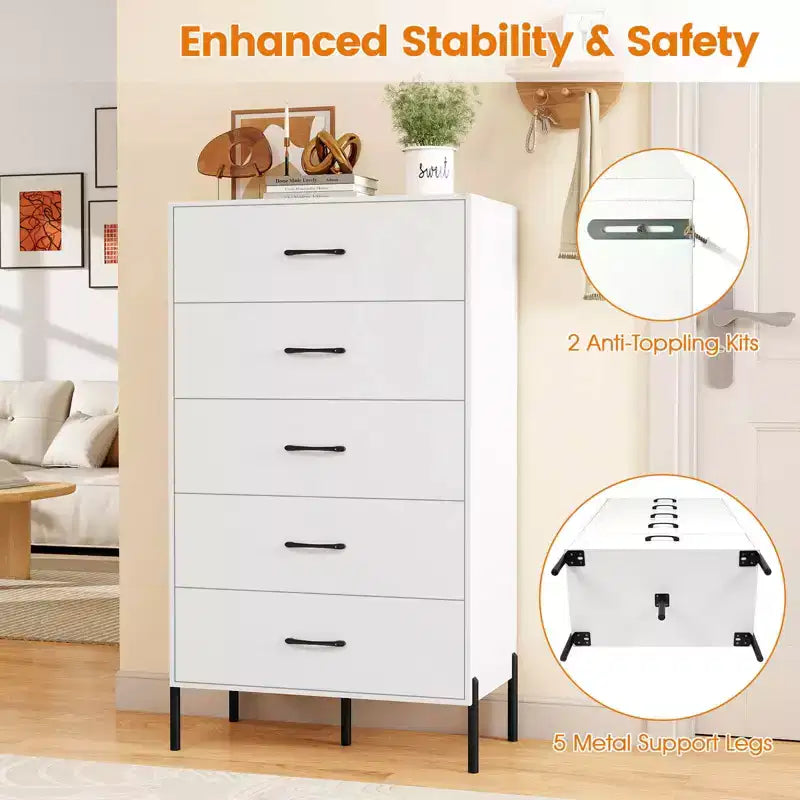 Commode Costway à 5 tiroirs avec pieds et poignées en métal, kits anti-basculement pour placard, chambre à coucher, blanc