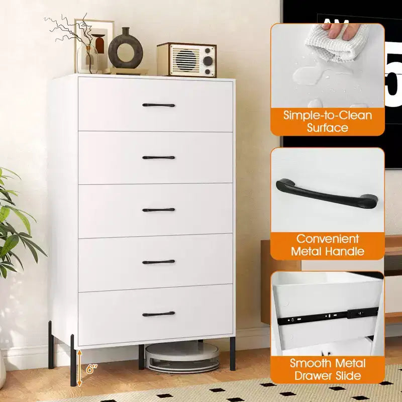 Commode Costway à 5 tiroirs avec pieds et poignées en métal, kits anti-basculement pour placard, chambre à coucher, blanc
