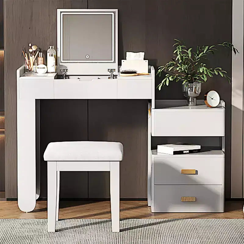 GDFStudio Viggo 3-in-1 Makeup Vanity Set with Flip-Top Mirror, Stool, LED Lighting and Retractable Side Cabinet