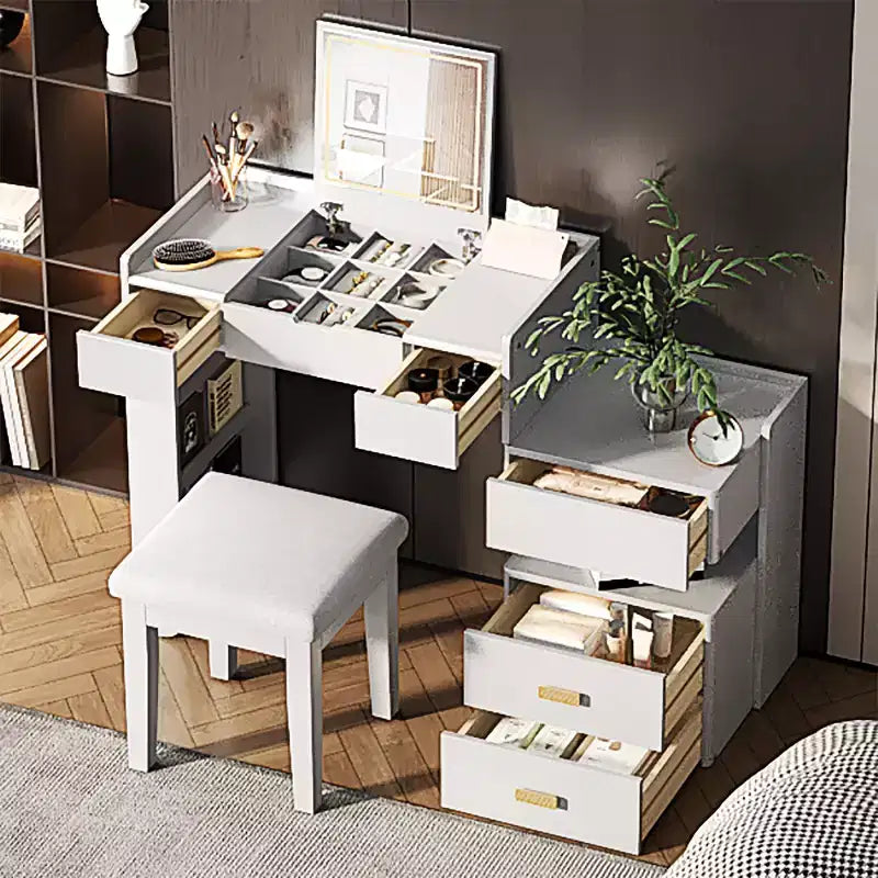Meuble Coiffeuse 3-en-1 GDFStudio Viggo avec Miroir Rabattable, Tabouret, Éclairage LED et Meuble Latéral Rétractable
