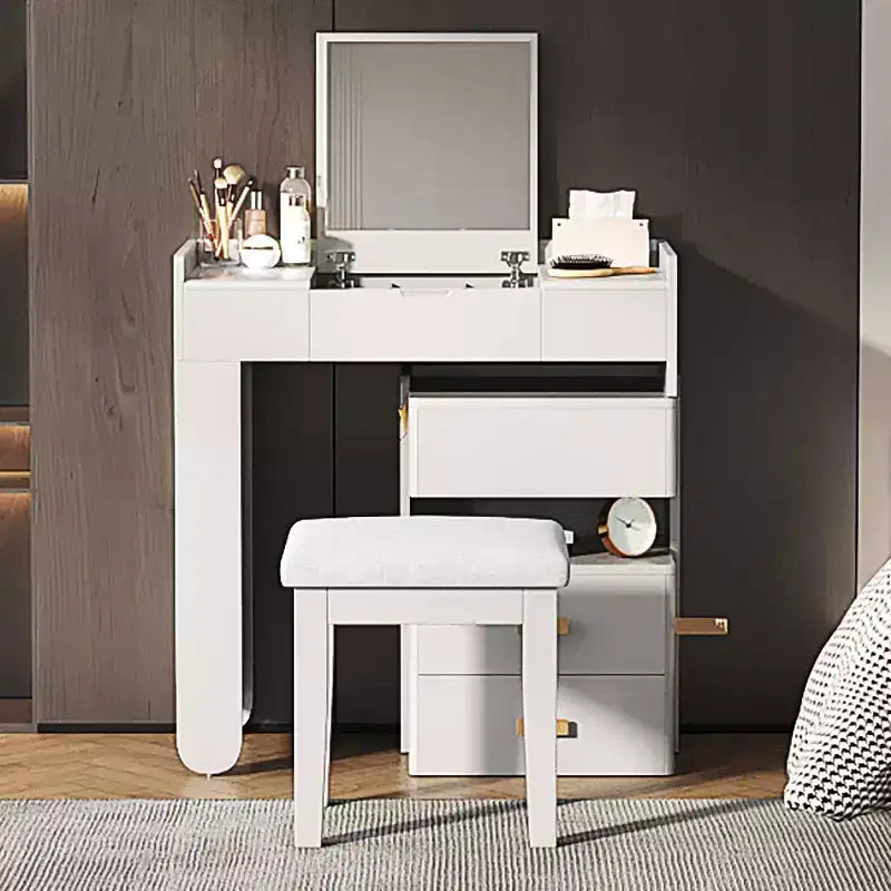 Meuble Coiffeuse 3-en-1 GDFStudio Viggo avec Miroir Rabattable, Tabouret, Éclairage LED et Meuble Latéral Rétractable