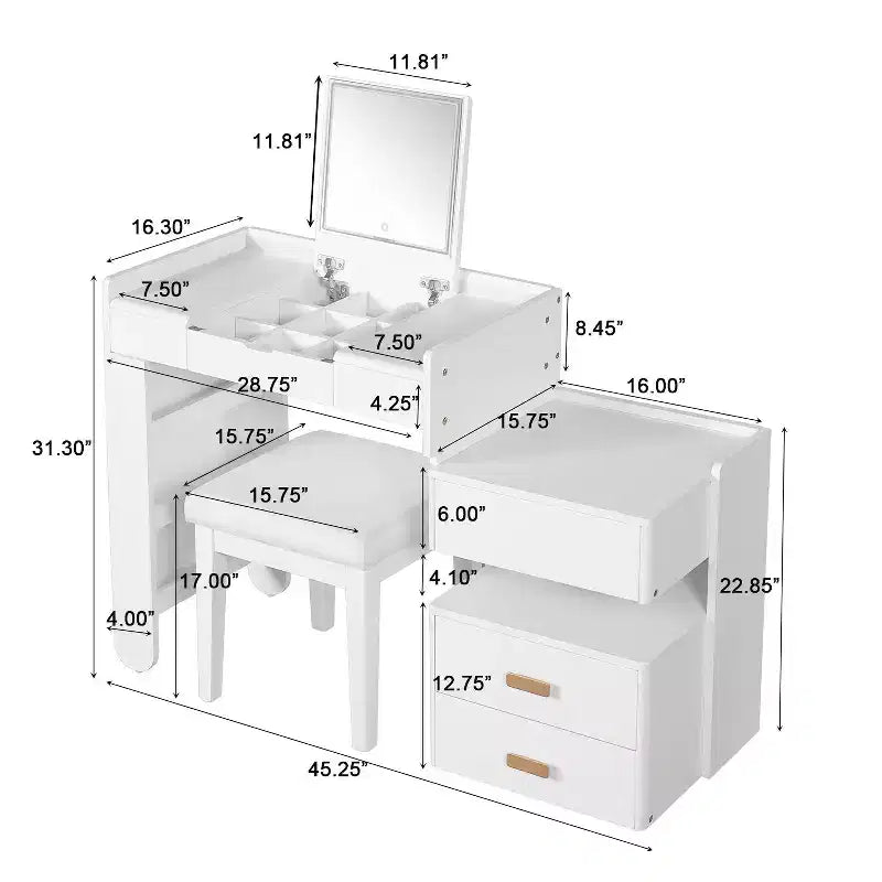 Meuble Coiffeuse 3-en-1 GDFStudio Viggo avec Miroir Rabattable, Tabouret, Éclairage LED et Meuble Latéral Rétractable