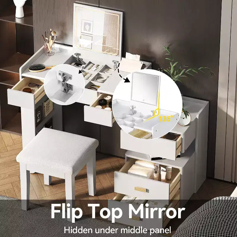 Meuble Coiffeuse 3-en-1 GDFStudio Viggo avec Miroir Rabattable, Tabouret, Éclairage LED et Meuble Latéral Rétractable