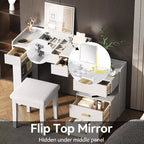Meuble Coiffeuse 3-en-1 GDFStudio Viggo avec Miroir Rabattable, Tabouret, Éclairage LED et Meuble Latéral Rétractable