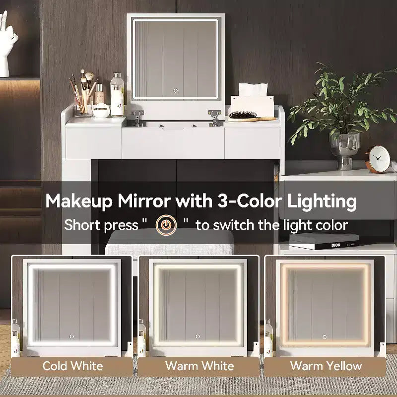 Meuble Coiffeuse 3-en-1 GDFStudio Viggo avec Miroir Rabattable, Tabouret, Éclairage LED et Meuble Latéral Rétractable