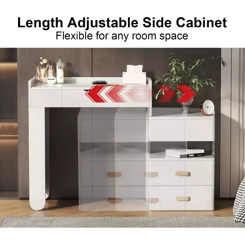 Meuble Coiffeuse 3-en-1 GDFStudio Viggo avec Miroir Rabattable, Tabouret, Éclairage LED et Meuble Latéral Rétractable