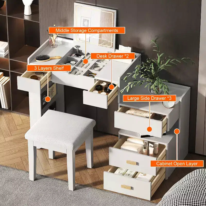 Meuble Coiffeuse 3-en-1 GDFStudio Viggo avec Miroir Rabattable, Tabouret, Éclairage LED et Meuble Latéral Rétractable