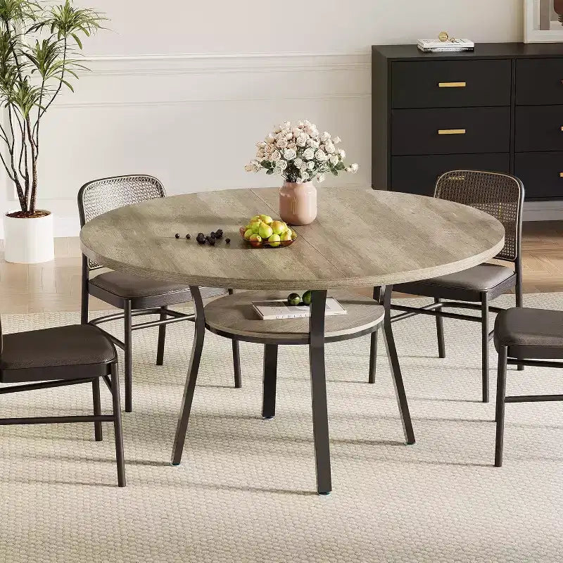 Table à manger pour 4 personnes, table de cuisine de 119 cm, table de salle à manger ronde avec étagère de rangement pour salle à manger, cuisine