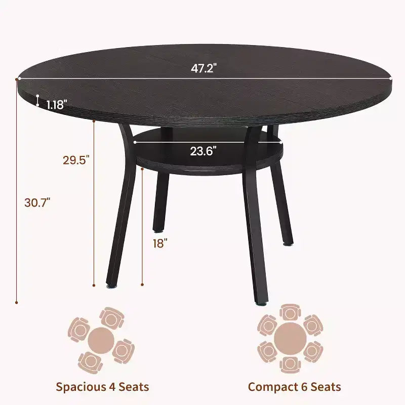Table à manger pour 4 personnes, table de cuisine de 119 cm, table de salle à manger ronde avec étagère de rangement pour salle à manger, cuisine