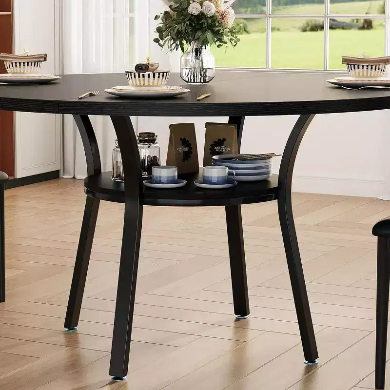 Table à manger pour 4 personnes, table de cuisine de 119 cm, table de salle à manger ronde avec étagère de rangement pour salle à manger, cuisine