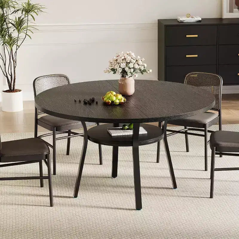 Table à manger pour 4 personnes, table de cuisine de 119 cm, table de salle à manger ronde avec étagère de rangement pour salle à manger, cuisine
