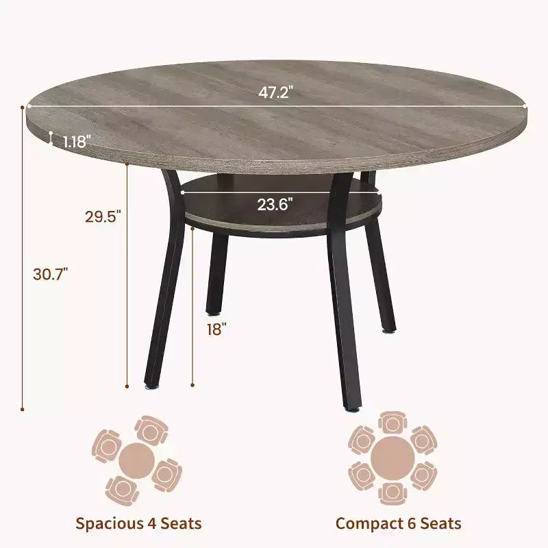 Table à manger pour 4 personnes, table de cuisine de 119 cm, table de salle à manger ronde avec étagère de rangement pour salle à manger, cuisine