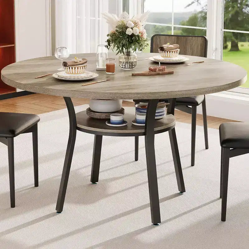 Table à manger pour 4 personnes, table de cuisine de 119 cm, table de salle à manger ronde avec étagère de rangement pour salle à manger, cuisine