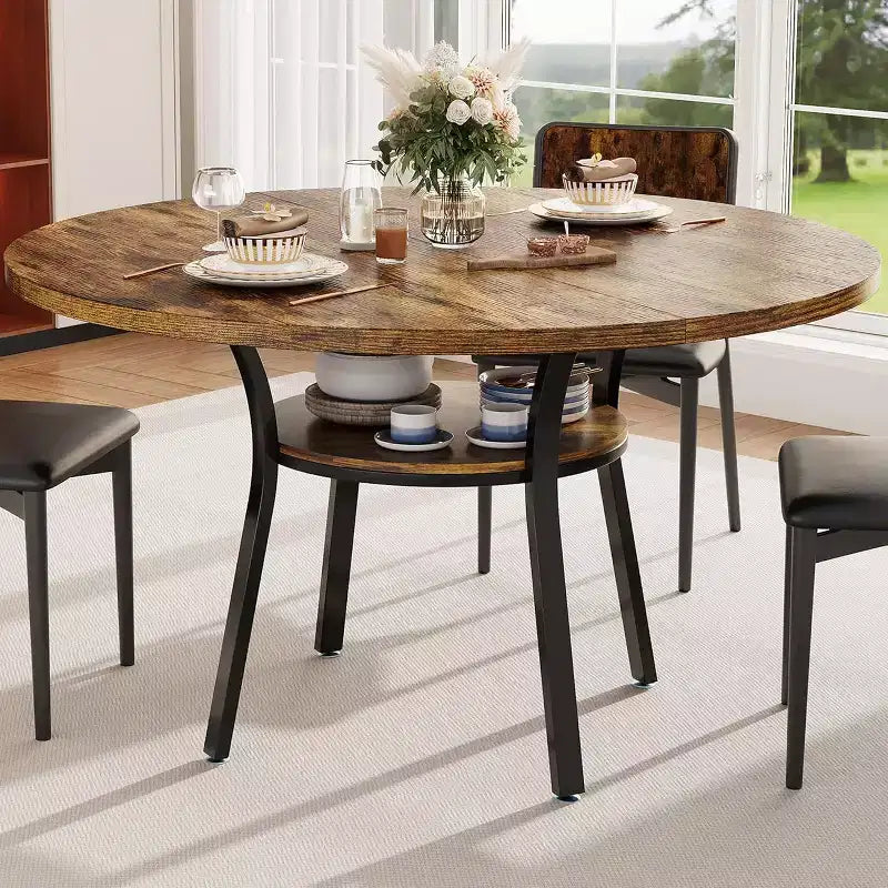 Table à manger pour 4 personnes, table de cuisine de 119 cm, table de salle à manger ronde avec étagère de rangement pour salle à manger, cuisine