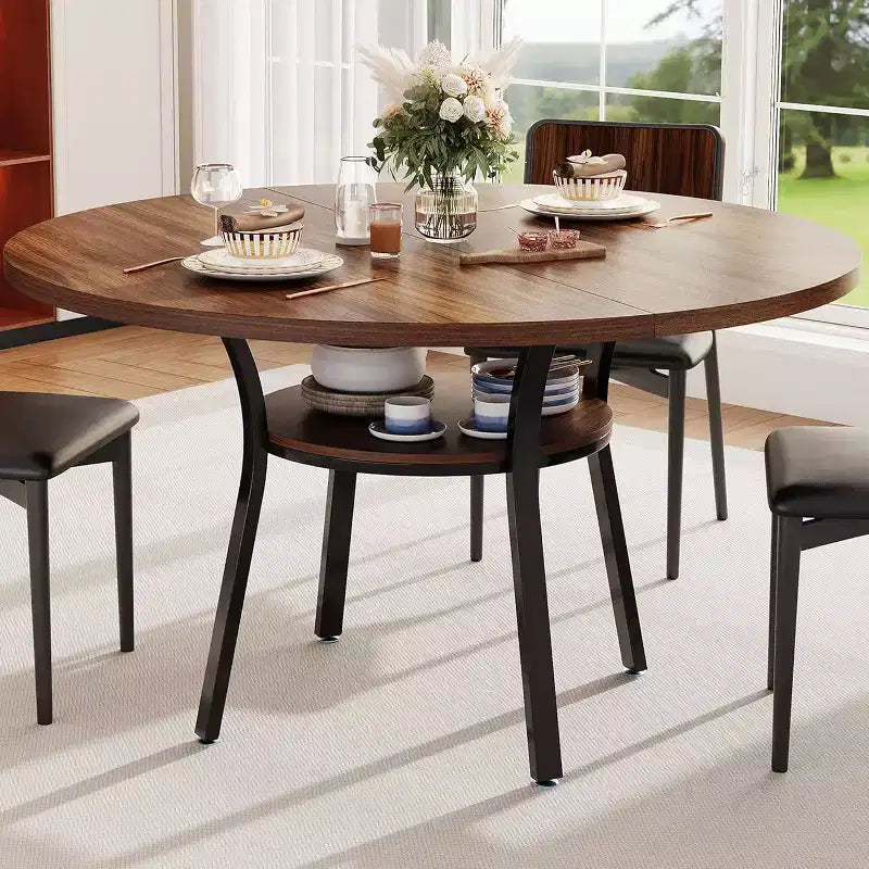 Table à manger pour 4 personnes, table de cuisine de 119 cm, table de salle à manger ronde avec étagère de rangement pour salle à manger, cuisine