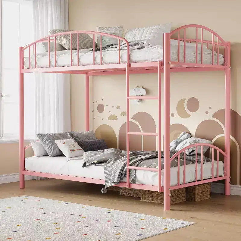 Twin over Twin Bunk Bed with Ladder, Arched Guardrail, Heavy Duty Steel Slats - Space Saving Pink Bunkbed for Kids, No Box Spring Needed.