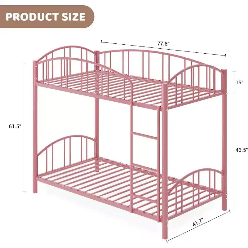 Lit superposé jumeau sur jumeau avec échelle, barrière arquée, lattes en acier robuste – Lit superposé rose compact pour enfants, aucun sommier tapissier requis.