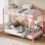 Lit superposé jumeau sur jumeau avec échelle, barrière arquée, lattes en acier robuste – Lit superposé rose compact pour enfants, aucun sommier tapissier requis.