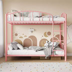Lit superposé jumeau sur jumeau avec échelle, barrière arquée, lattes en acier robuste – Lit superposé rose compact pour enfants, aucun sommier tapissier requis.