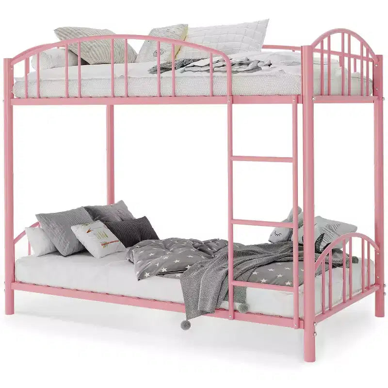 Lit superposé jumeau sur jumeau avec échelle, barrière arquée, lattes en acier robuste – Lit superposé rose compact pour enfants, aucun sommier tapissier requis.