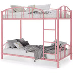 Lit superposé jumeau sur jumeau avec échelle, barrière arquée, lattes en acier robuste – Lit superposé rose compact pour enfants, aucun sommier tapissier requis.