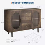 47.2 Armoire de buffet avec 2 portes en verre cannelé et 3 tiroirs, meuble d'appoint de style ferme moderne avec étagères réglables pour cuisine, salon