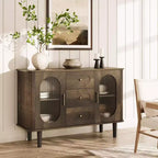 47.2 Armoire de buffet avec 2 portes en verre cannelé et 3 tiroirs, meuble d'appoint de style ferme moderne avec étagères réglables pour cuisine, salon