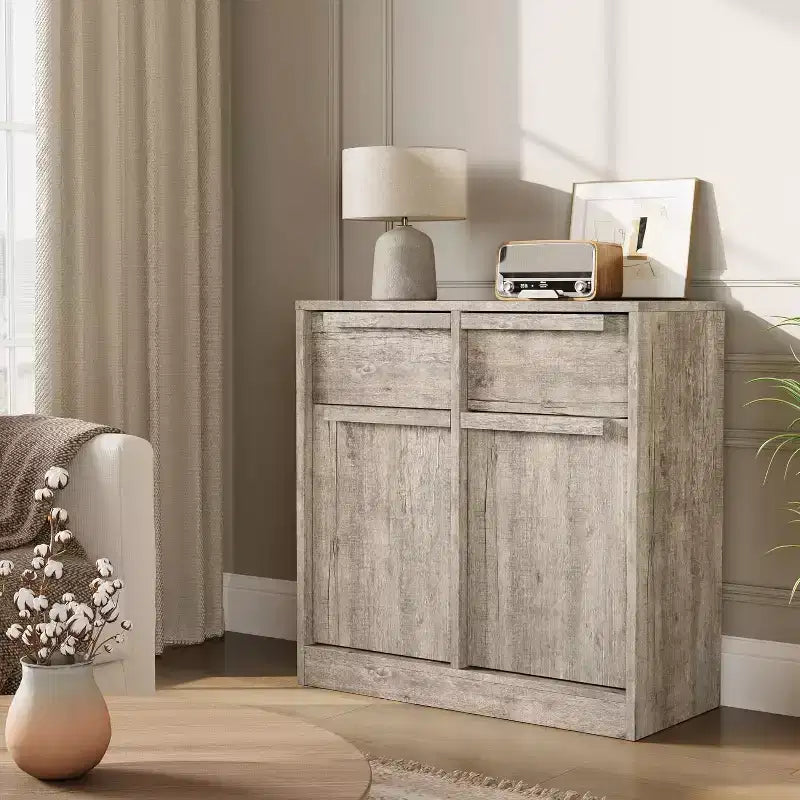 Grand meuble de rangement avec panneaux imitation bois, Rangement multifonctionnel pour la cuisine, la salle à manger et le salon