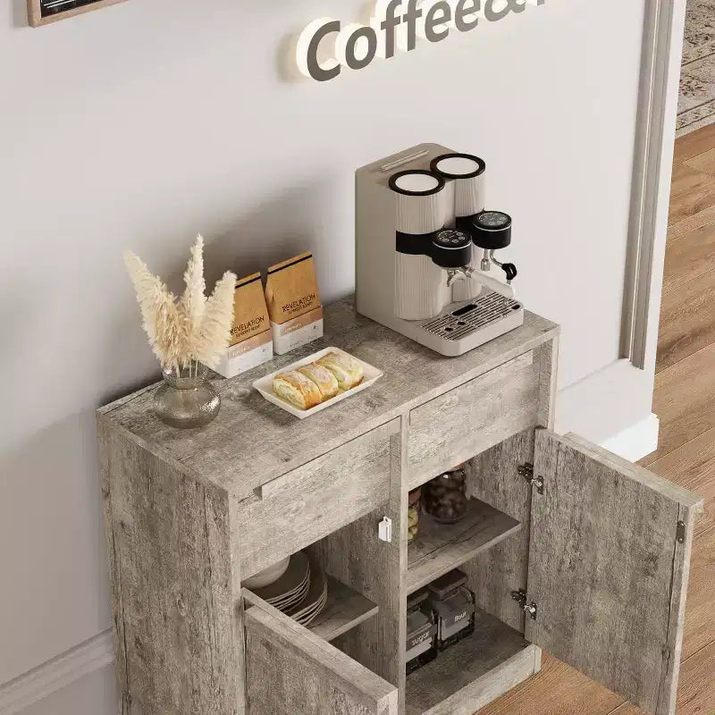 Grand meuble de rangement avec panneaux imitation bois, Rangement multifonctionnel pour la cuisine, la salle à manger et le salon