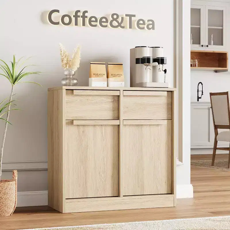 Grand meuble de rangement avec panneaux imitation bois, Rangement multifonctionnel pour la cuisine, la salle à manger et le salon