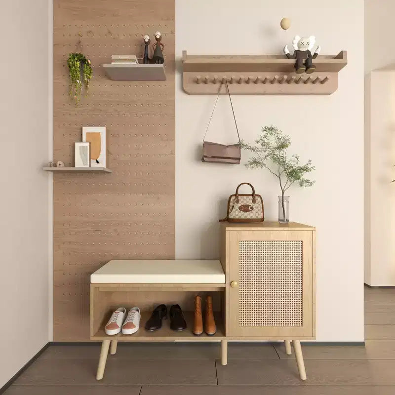 Banc de rangement à chaussures 2 en 1 avec 2 étagères réglables et coussin d'assise amovible, banc d'entrée moderne, organisateur de rangement à chaussures