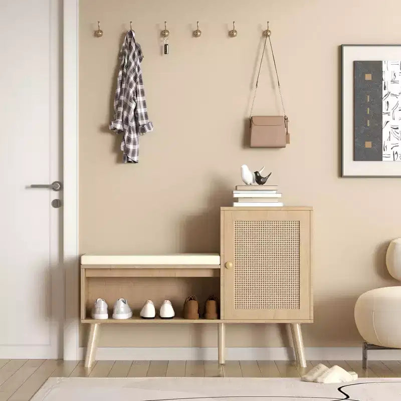 Banc de rangement à chaussures 2 en 1 avec 2 étagères réglables et coussin d'assise amovible, banc d'entrée moderne, organisateur de rangement à chaussures