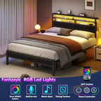 Cadre de lit Queen avec lumières LED RVB, tête de lit de rangement, station de charge, plateforme en métal chêne noir, sommier tapissier non requis, usage intensif