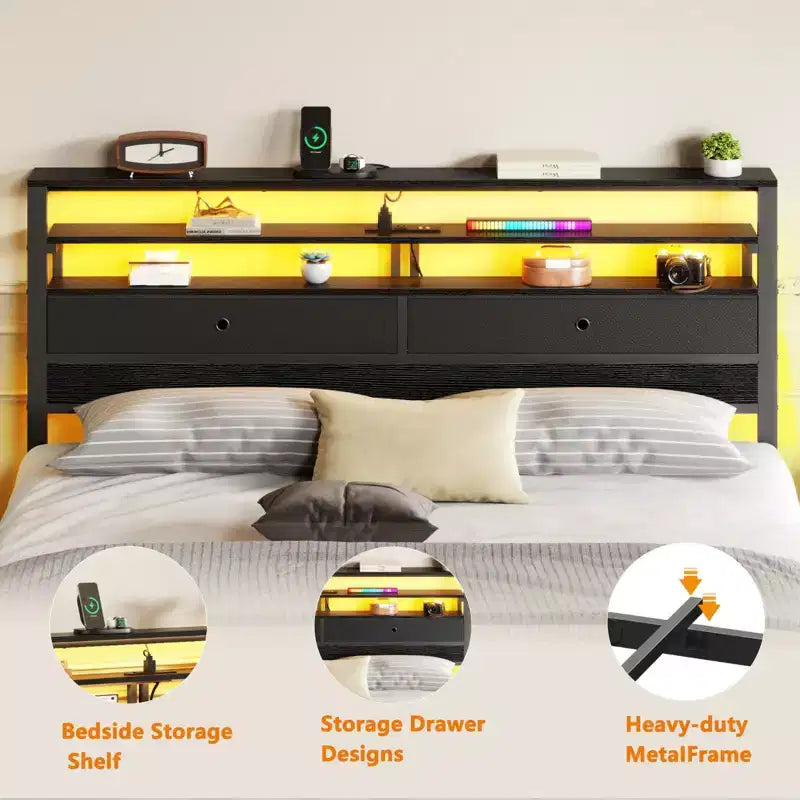 Cadre de lit Queen avec lumières LED RVB, tête de lit de rangement, station de charge, plateforme en métal chêne noir, sommier tapissier non requis, usage intensif
