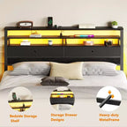 Cadre de lit Queen avec lumières LED RVB, tête de lit de rangement, station de charge, plateforme en métal chêne noir, sommier tapissier non requis, usage intensif