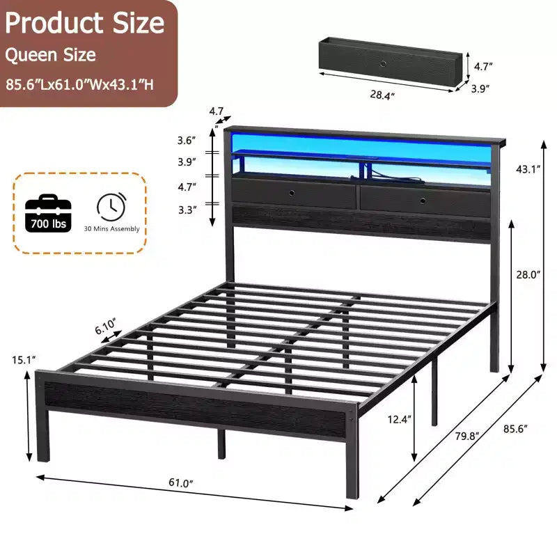 Cadre de lit Queen avec lumières LED RVB, tête de lit de rangement, station de charge, plateforme en métal chêne noir, sommier tapissier non requis, usage intensif