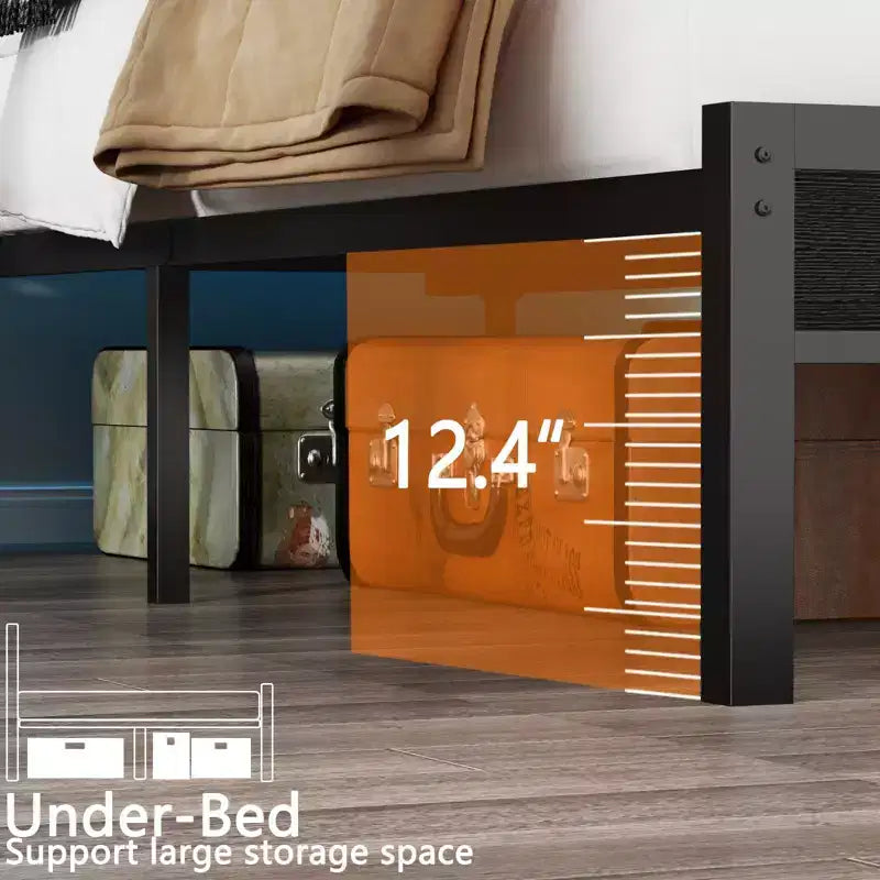 Cadre de lit Queen avec lumières LED RVB, tête de lit de rangement, station de charge, plateforme en métal chêne noir, sommier tapissier non requis, usage intensif