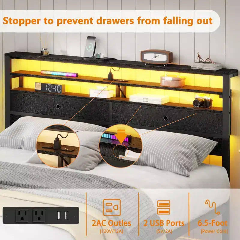 Cadre de lit Queen avec lumières LED RVB, tête de lit de rangement, station de charge, plateforme en métal chêne noir, sommier tapissier non requis, usage intensif
