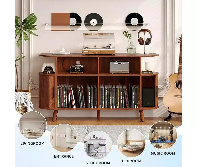 Meuble tourne-disque cannelé Mid-Century Modern Grand meuble de rangement pour vinyles, étagères ouvertes, table de platine pour salon