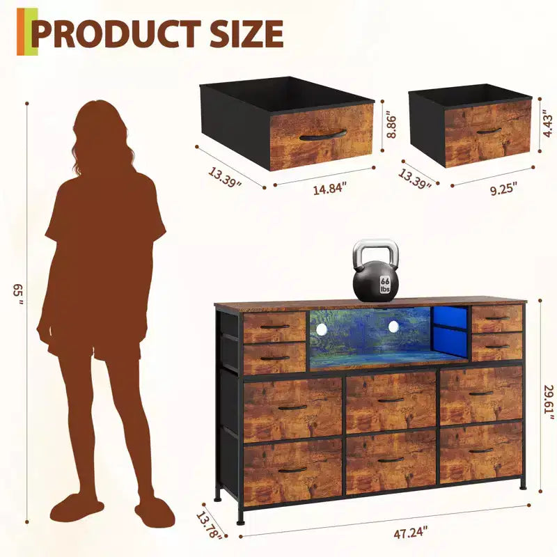 Commode 10 tiroirs pour chambre, commode avec bacs en tissu, meuble TV avec prise de courant, organisateur de rangement pour vêtements pour salon, marron