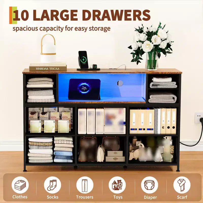 Commode 10 tiroirs pour chambre, commode avec bacs en tissu, meuble TV avec prise de courant, organisateur de rangement pour vêtements pour salon, marron
